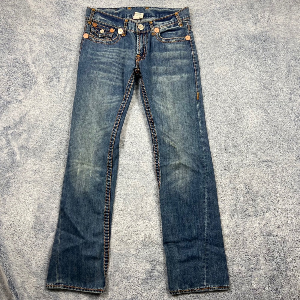 True Religion Mens 32 Blue Billy Super T Straight Leg Thick Stitch Jeans USA